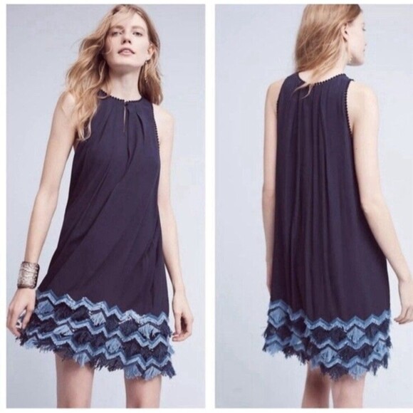 Anthropologie Maeve Navy Halter Dress Size 10 Keyhole Fringe Sequin Sleeveless - Picture 1 of 11